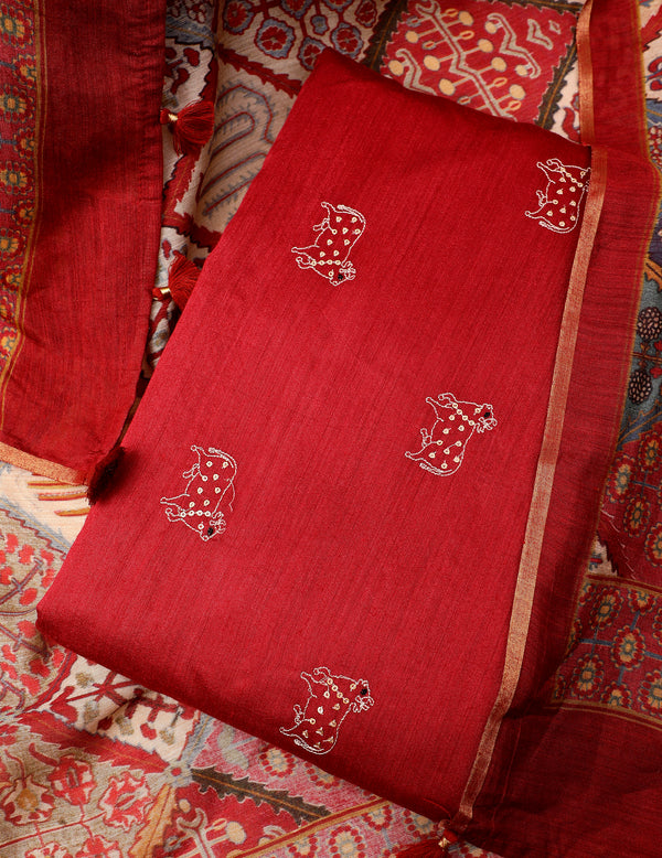 Dark red rajasthani printed dress material