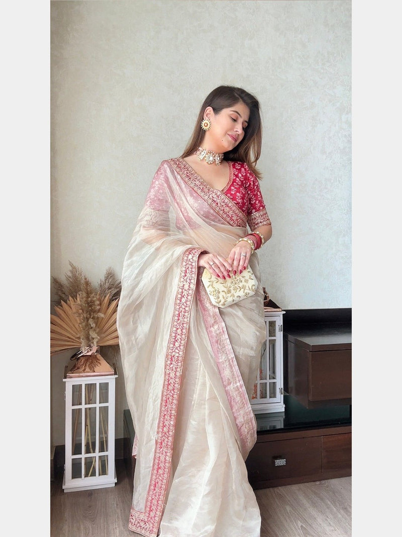 Moti and Cut Dana Embroidery Mellow Rose Glass Tissue Saree